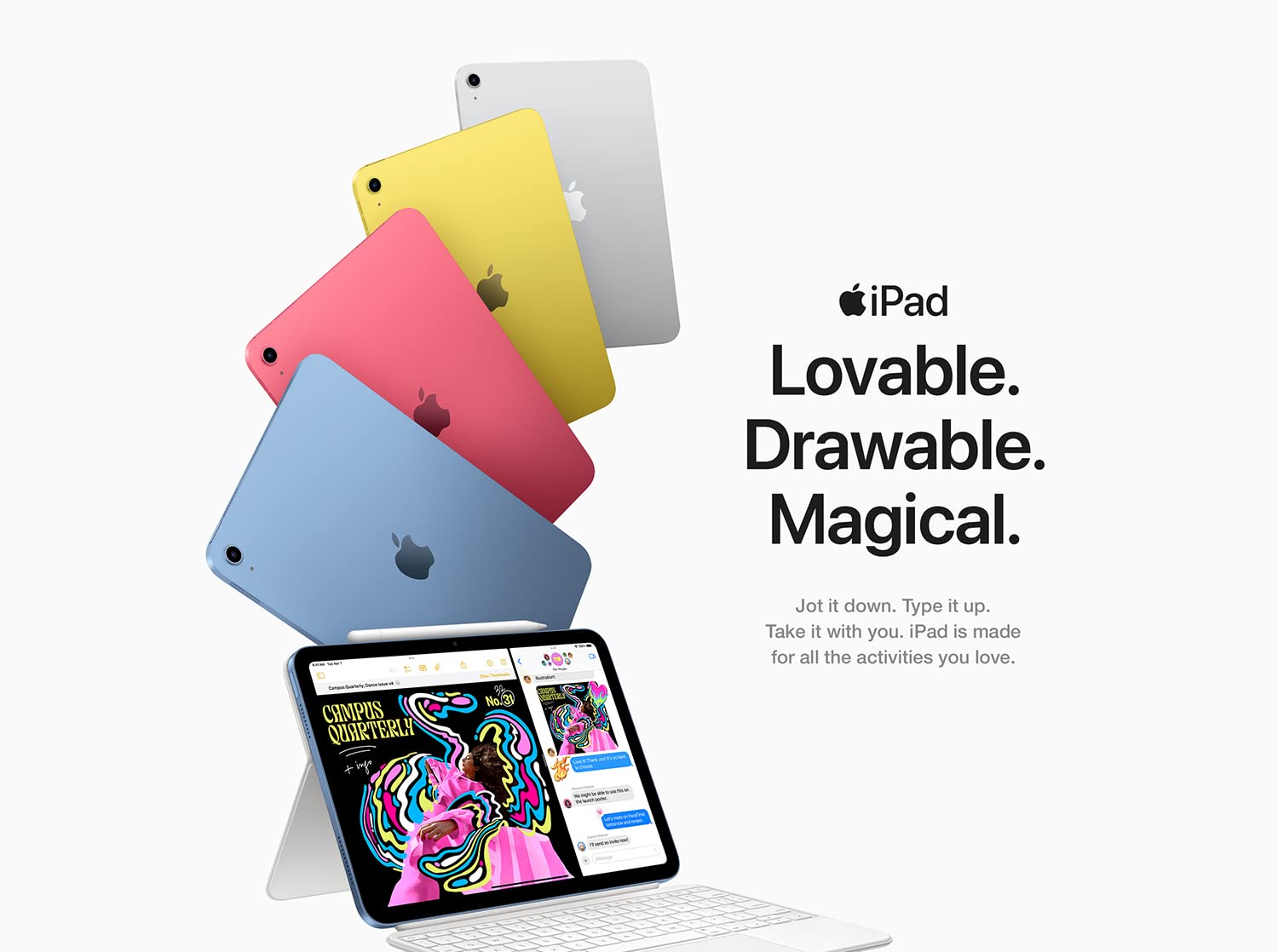 iPad in blue, pink, yellow and silver with Magic Keyboard Folio